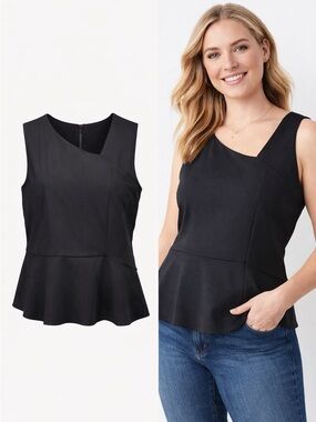 Cabi | Black Peplum Top | Sleeveless Asymmetrical Neck Zip Back | Size L